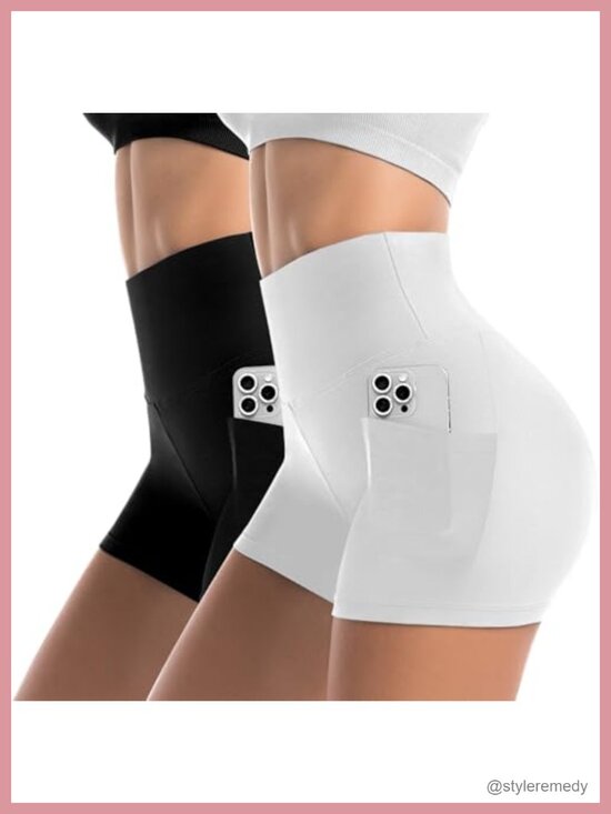 Pants - Women's 4" High Waisted Biker Shorts with Pockets - 2 Pack Yoga Gym Running